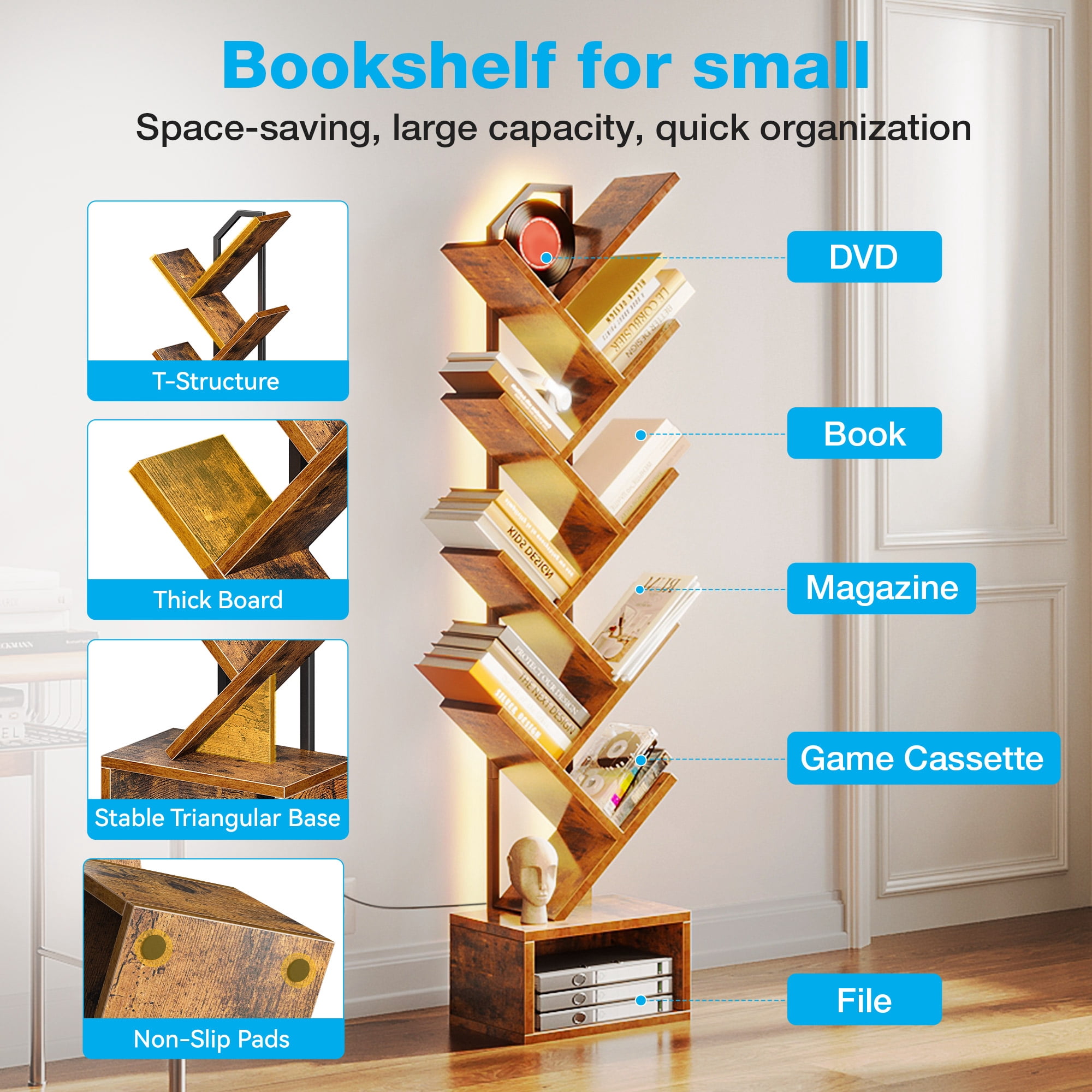 Casacomoda 8 Tier Tree Bookshelf, Bookcase with LED Lights, Display Floor Standing Storage Shelf, Book Organizer Shelves for Home Office, Living Room, Vintage