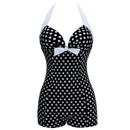 Lumento Women Monokinis Polka Dots Swimwear V Neck One Piece Swimsuit Padded Beachwear Halter Swimming Suit Black And White Spots M