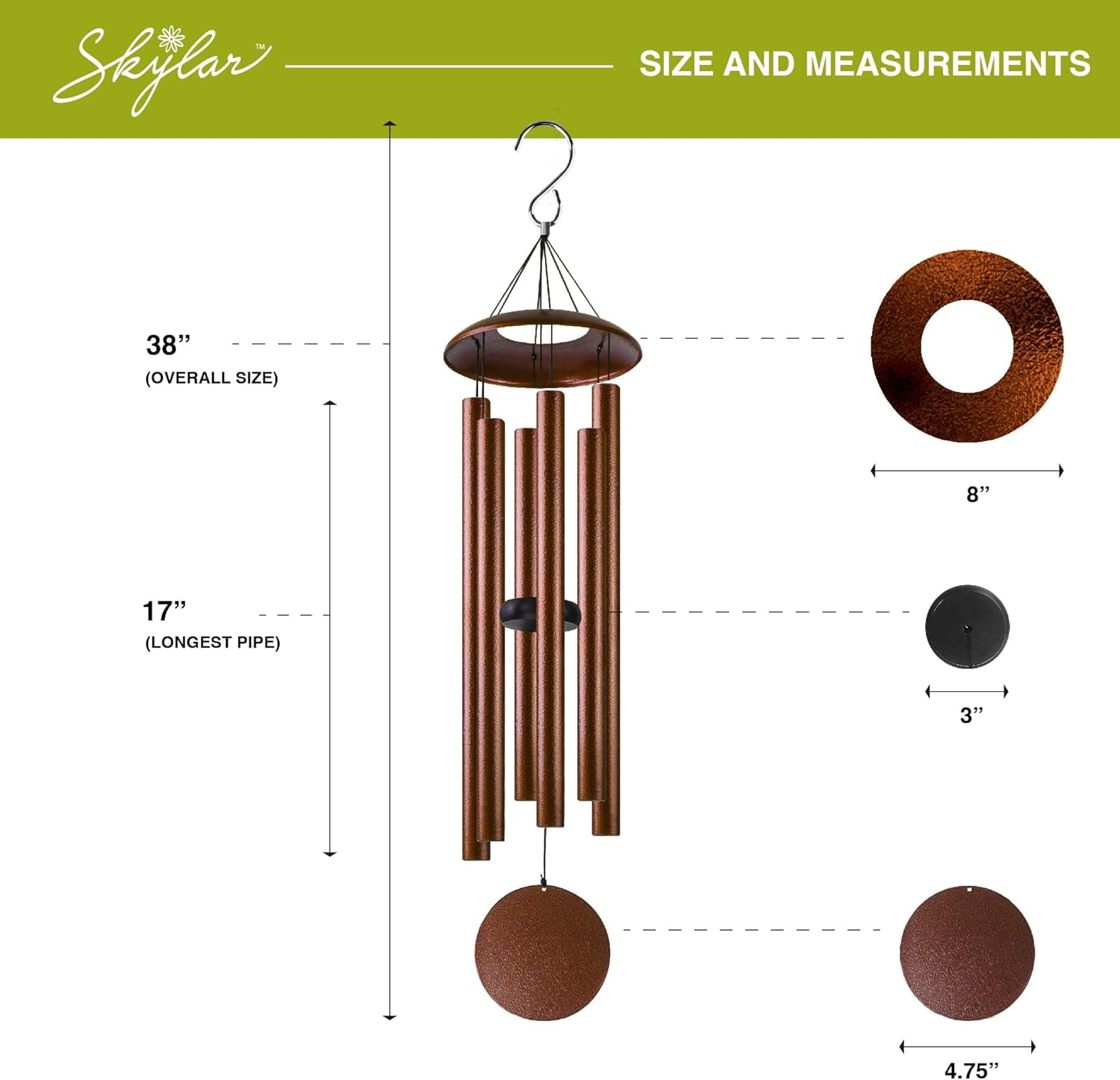 Skylar Aluminum Wind Chimes 38'' WindChimes for Outdoors, Brushed Copper Bells, Garden Patio Lawn Inspirational and Memorial Wind Deck Porch 6 Tuned Deep Tubes for Soothing Rich Sweet Relaxing Tones