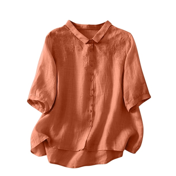 Vestidos Casuales Para Mujer, Blusas De Mujer De Moda Blusa de lino sintético con bordado, mangas 3/4, botones y cuello vuelto para mujer