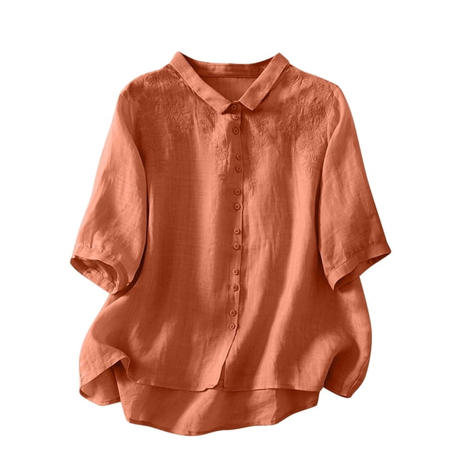 Vestidos Casuales Para Mujer, Blusas De Mujer De Moda Blusa de lino sintético con bordado, mangas 3/4, botones y cuello vuelto para mujer