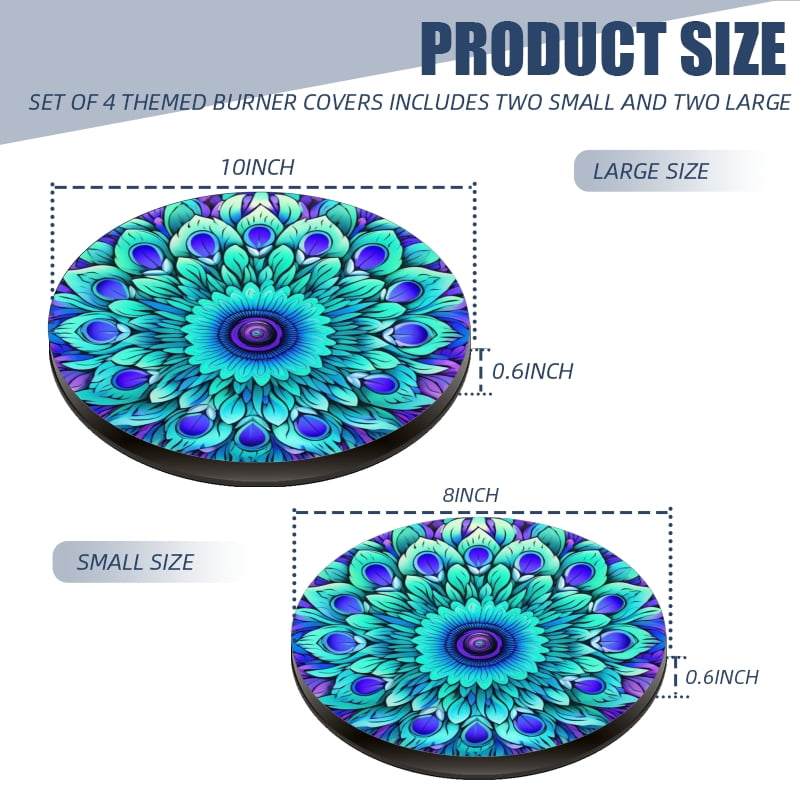 4 Pieces Wine Round Stove Burner Covers Set, Floral Peacock Feather Mandala Design Gas Stove Burner Covers Expands Usable Space for kitchen, 2 Pieces 8 Inches and 2 Pieces 10 Inches