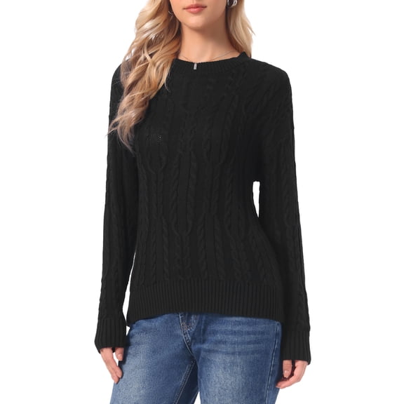 INSPIRE CHIC Cable Knit Sweater for Women's Round Neck Drop-Shoulder Long Sleeve Casual Fall Winter Sweater XS Black