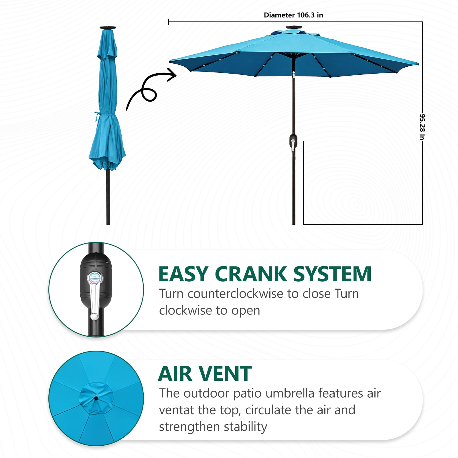 WLLJOY 9ft Solar Patio Umbrella, Tilt Adjustment LED Outdoor Umbrella with 8 Reinforced Ribs for Garde, Backyard, Pool, Sky Blue