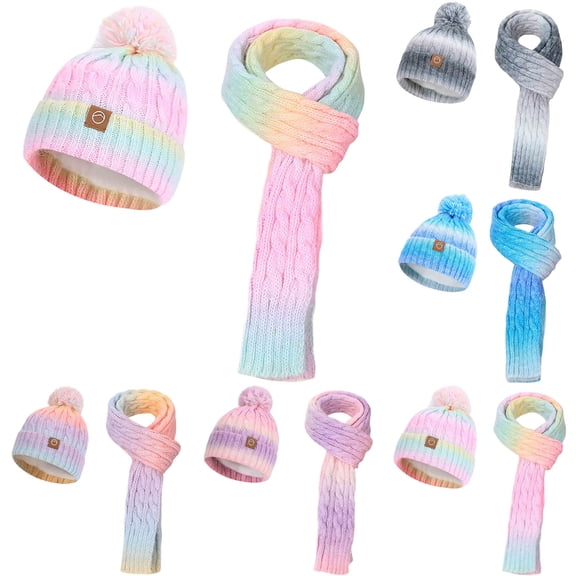 Lispipm Kids Winter Hat Scarf Set Boys Girls Knitted Wool Fleece Lined Pompom Beenie and Worm Long Scarf Ski Two Pieces