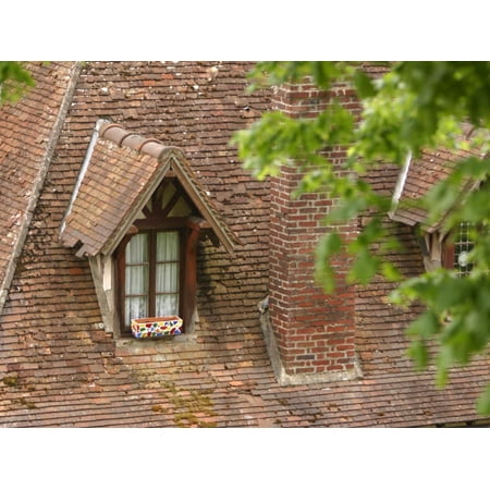 Exterior of Brick Building with Window and Shingles on Rooftop Print Wall