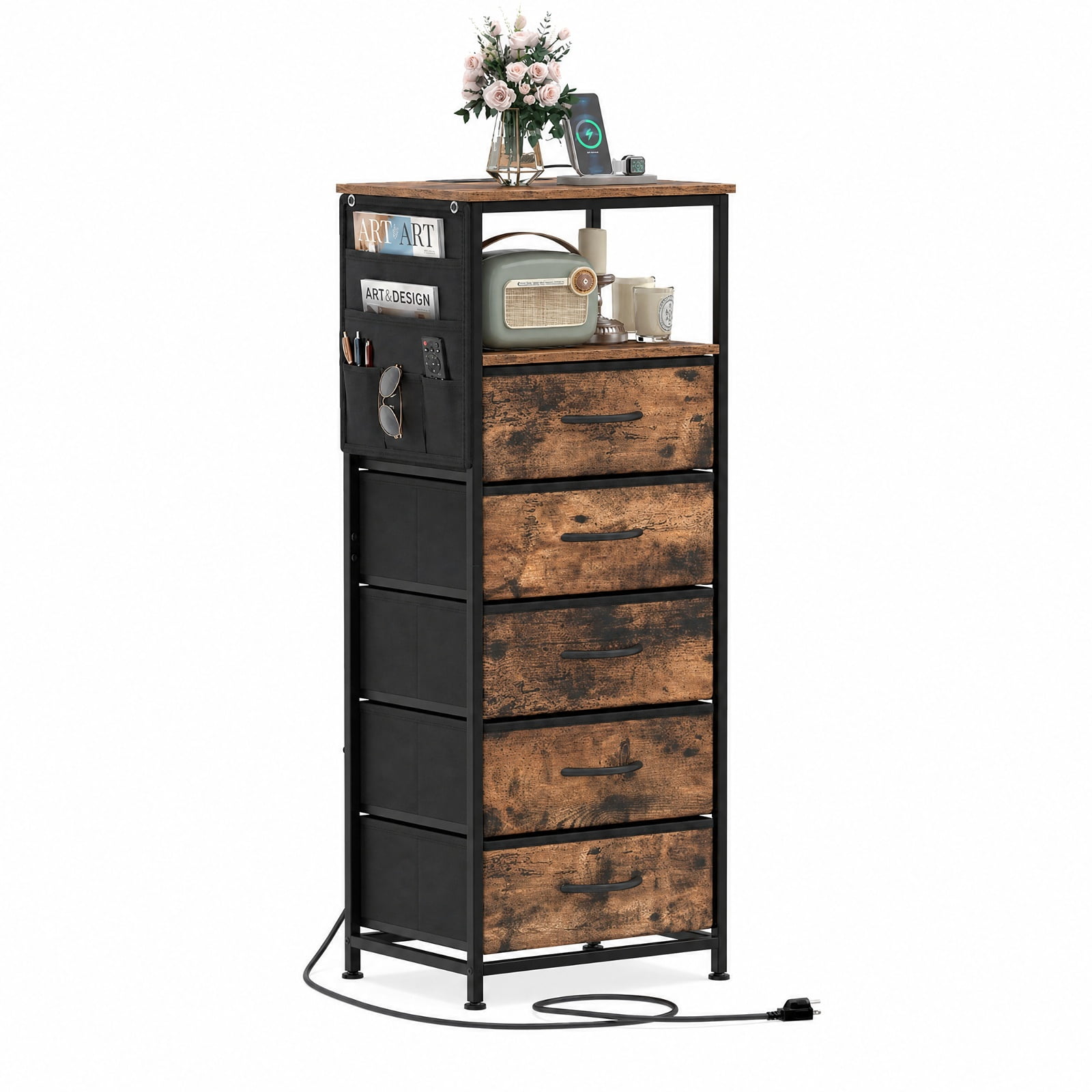 Furnibear 39 Inch Tall Nightstand with Integrated Charging Station and 5 Fabric Drawers