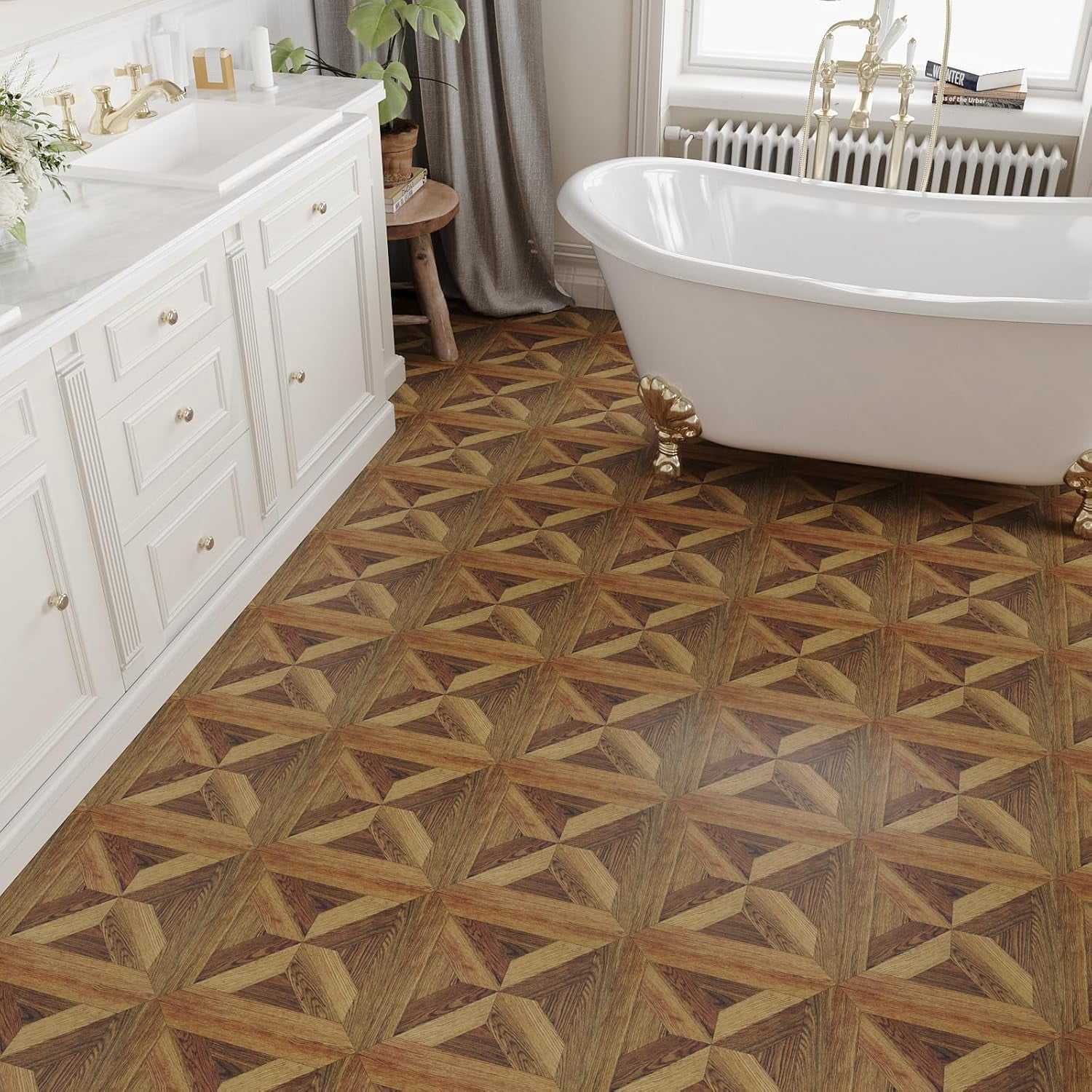 Retro Wood Grain Parquet Peel and Stick Floor Tile Waterproof Linoleum Flooring Roll 12''x118'' Self Adhesive Vinyl Sheet Flooring Tile Sticker for Bathroom Bedroom Kitchen Floor Covering Roll