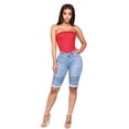 thumbnail image 4 of Women Mid Rise Elastic Zip Skinny Denim Knee Length Curvy Stretch Shorts Jeans, 4 of 7