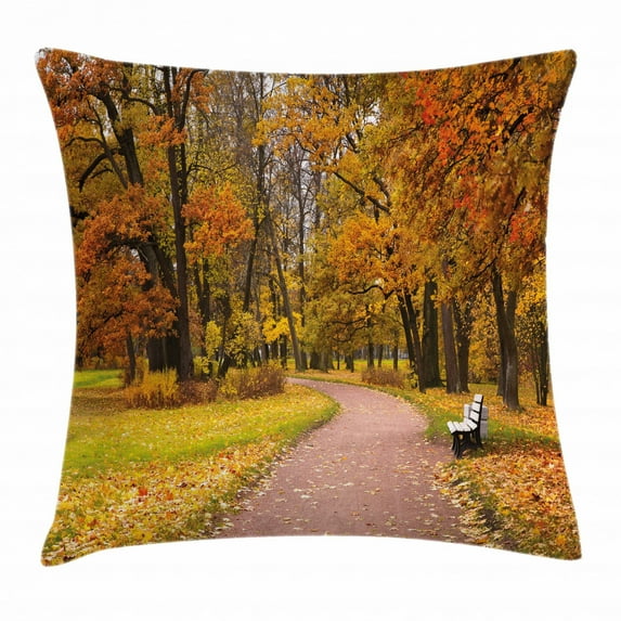 Fall Decor Throw Pillow Cushion Cover, Idyllic Rural Landscape Tranquility Park Pathway Woodland Peaceful Environment, Decorative Square Accent Pillow Case, 24 X 24 Inches, Multicolor, by Ambesonne