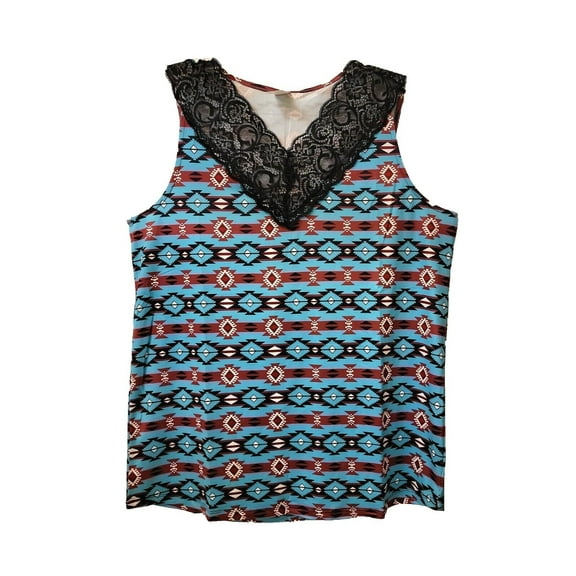 Womens Tank Top Aztec Lace Ladies Geometric Sleeveless Shirt Blue Black S-3X