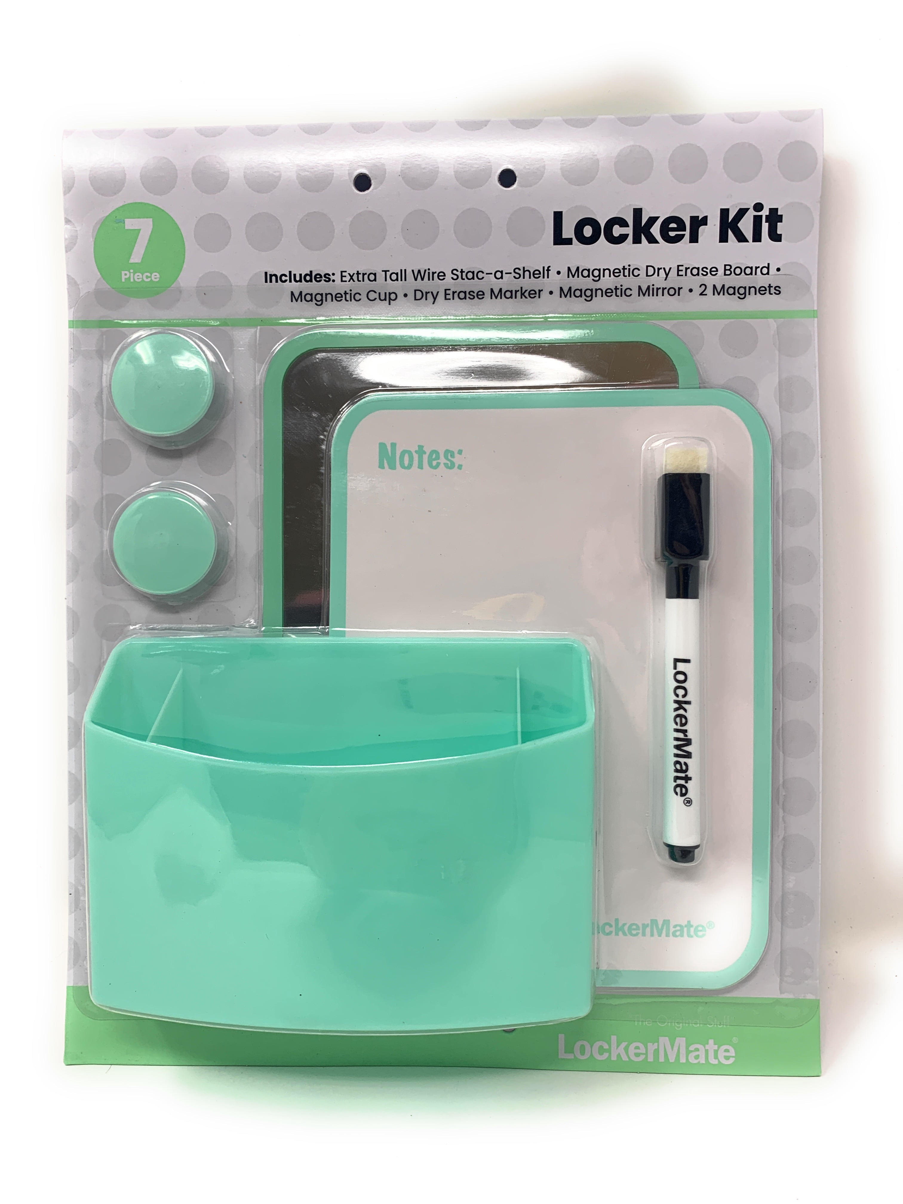 LockerMate 7 Piece Tall Wire Locker Kit with Magnets, Mirror, Dry Erase Board, Storage Cup, Dry Erase Marker School Supplies, Mint Green