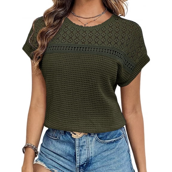 UVN Blouses for Women Summer Short Sleeve Crewneck Dressy Shirts Casual Waffle Knit Hollow Out Tunic Tops