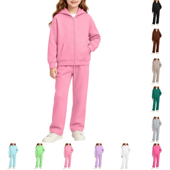 YOUYEDIAN Girls 2 Piece Sweatsuit Casual Hooded Zipper Fleece Jackets Athletic Soft Elastic Waist Sweatpants