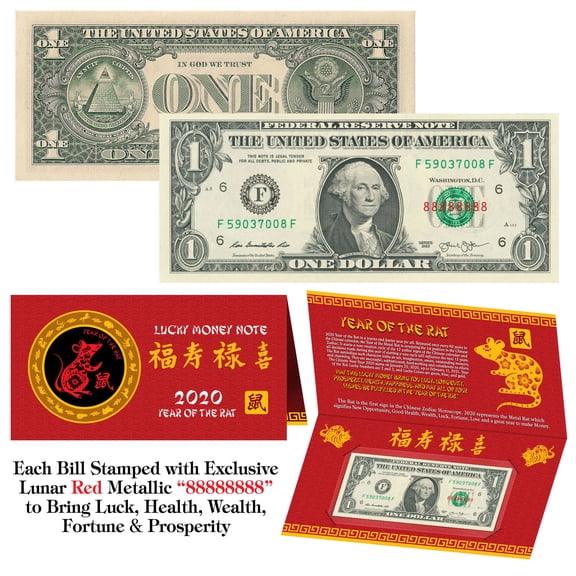 2020 Chinese New YEAR of the RAT Lunar Red Lucky Eight 8's $1 US Bill w/Foldover