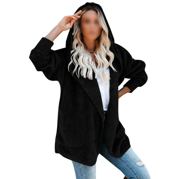 MAWCLOS Women Casual Open Front Sherpa Jacket Work Solid Color Hooded Cardigans Black XXL