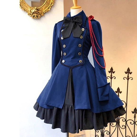 LEKWK Medieval Dress for Women Vintage Gothic Ruffle Steampunk Dresses with Bow Tie Cosplay Ruffled Hem Renaissance Dress Elegant Halloween Costume