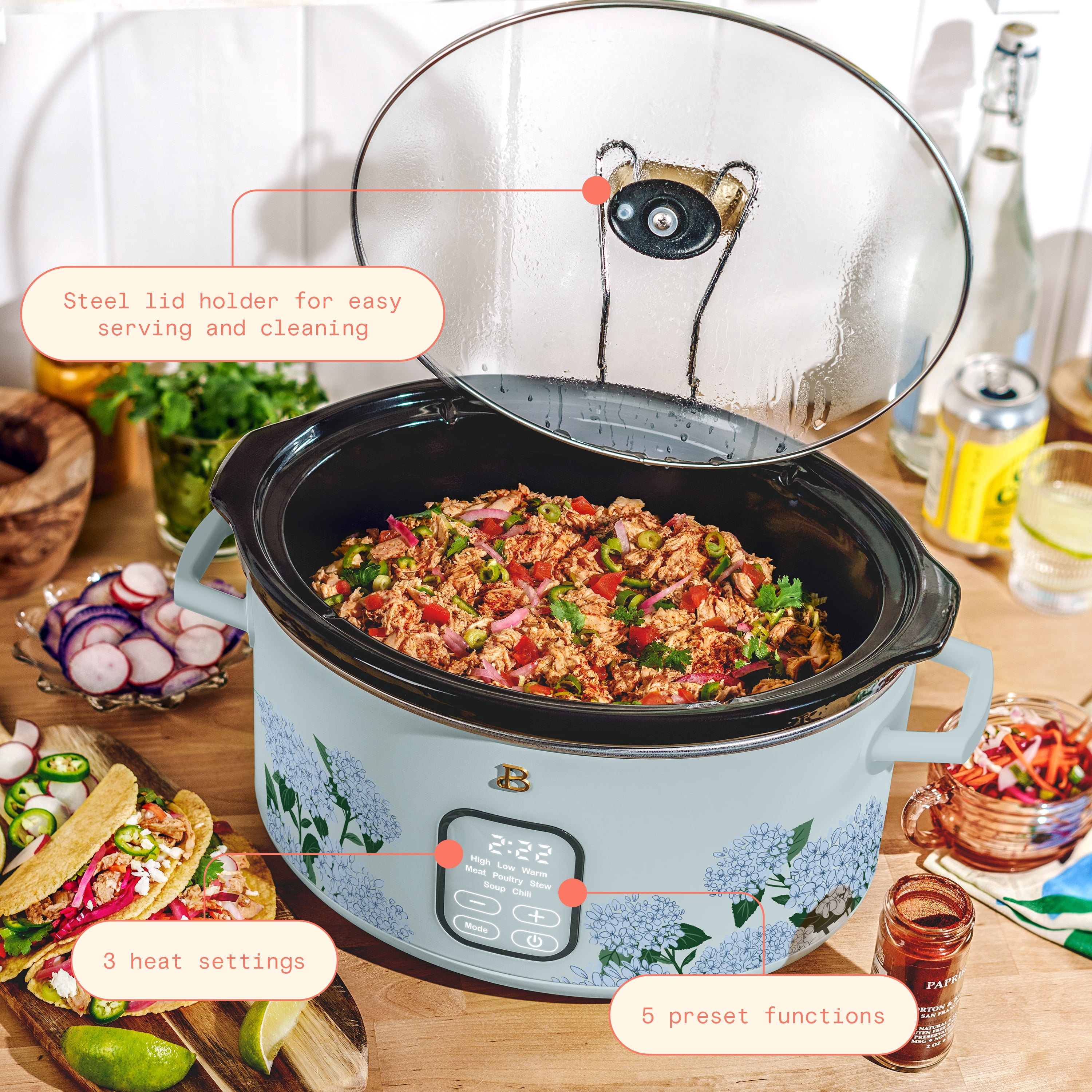 Beautiful 6 Qt Programmable Slow Cooker, Hydrangea Floral by Drew Barrymore