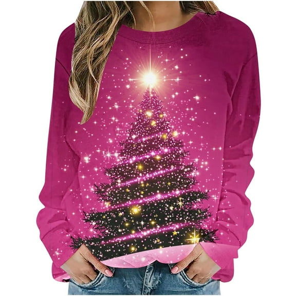 Uootdi Plus Size Christmas Womens Gift Long Sleeve Sweatshirt Funny Xmas Tree Santa Reindeer Snowman 3D Print Graphic Sweatshir ts