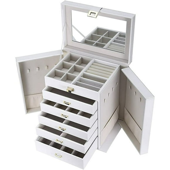 Boîtes à Bijoux pour Femmes à 6 Couches, Grand Coffre en Cuir de Table, Organisateur de Bijoux avec Tiroirs Amovibles