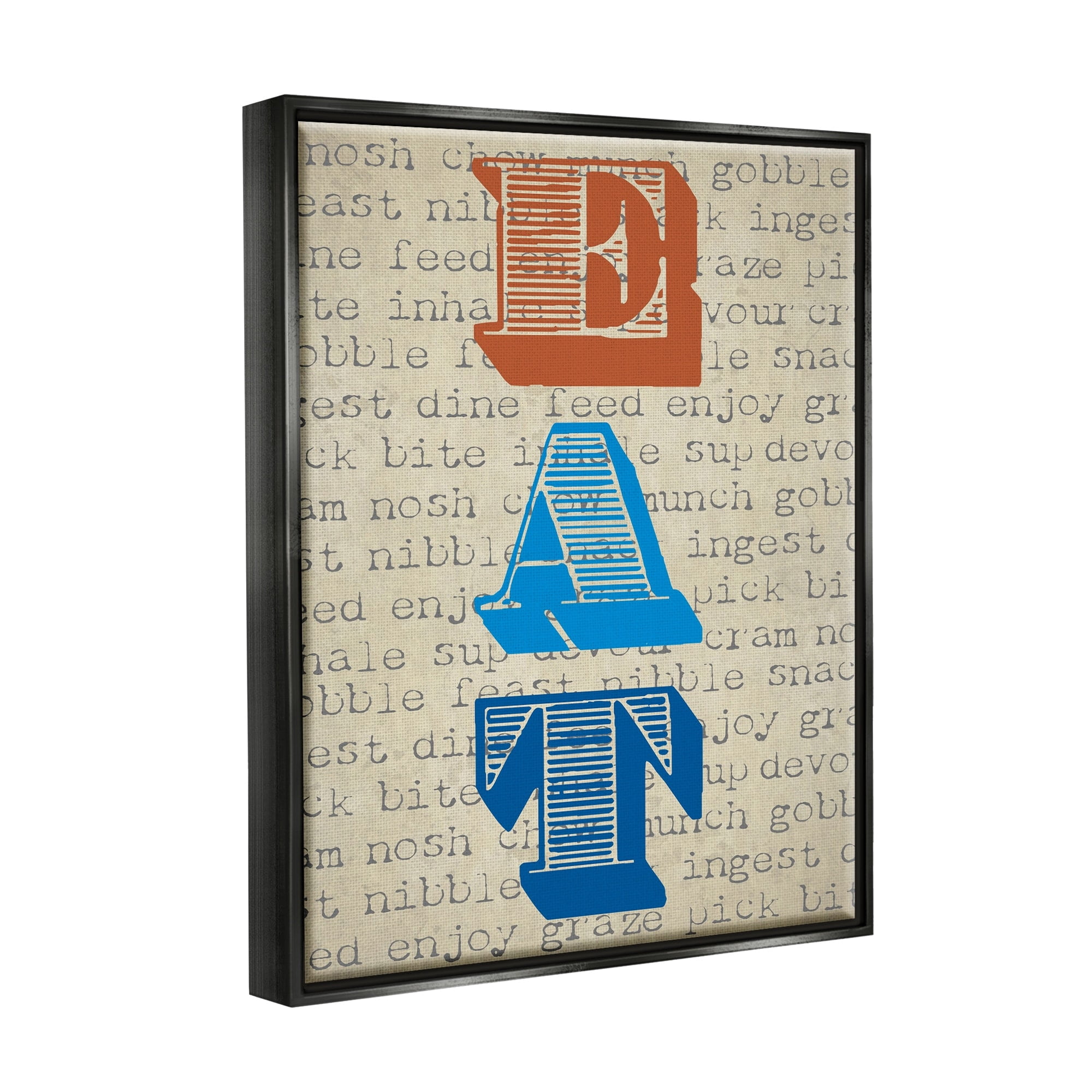 Stupell Industries Eat Vintage Striped Stamp Lettering Kitchen Sign Graphic Art Jet Black Floating Framed Canvas Print Wall Art, Design by Graffitee Studios