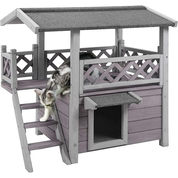 Aivituvin Cat House with Door for Feral Cats, Rainproof Outside Kitty House, 2 Story Wooden Kitten Condo with Stairs