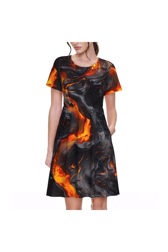 Molten Lava Abstract Flow Pattern Womens Summer Dresses Short Sleeve Sundress 2025 Beach Vacation Dresses with Pockets -Medium