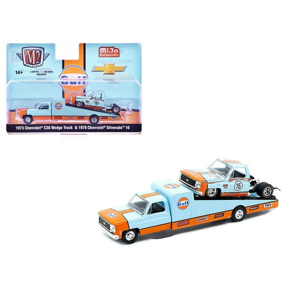 1973 Chevrolet C30 Wedge Truck & Silverado 10 Bedless Truck #15 Light Blue and Orange (Rusted) 1/64 Diecast Model by M2 Machines