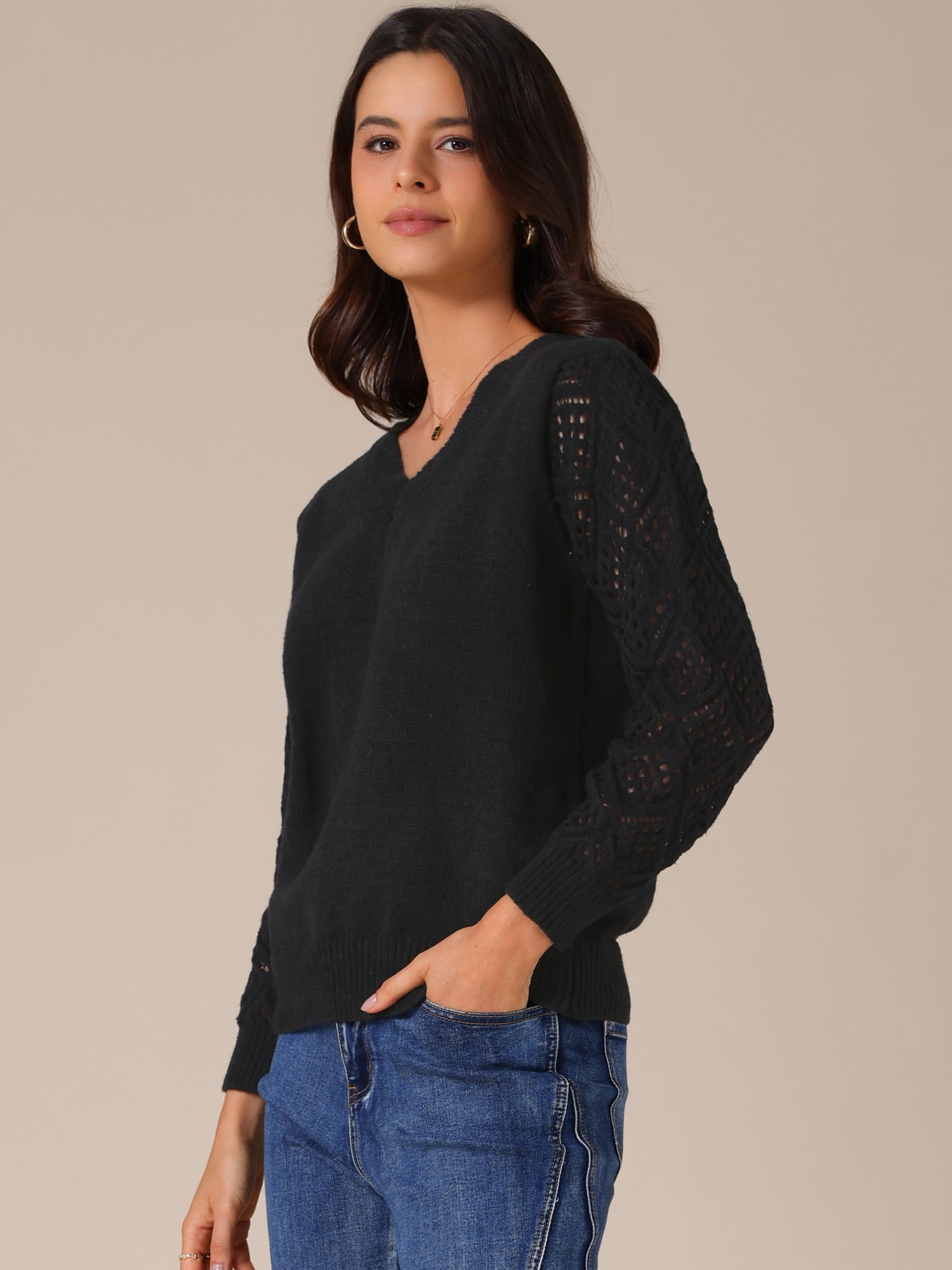 DARING DIVA Women's V Neck Hollow Out Long Sleeve Crochet Sweater Tops M Black
