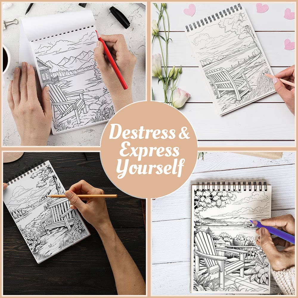 Netecom Relaxing Landscape Coloring Book Spiral Bound for Adults, A5 Wooden Cover, 30 Tranquil Scenes Coloring Pages of Peaceful Moments for Stress Relief and Relaxation