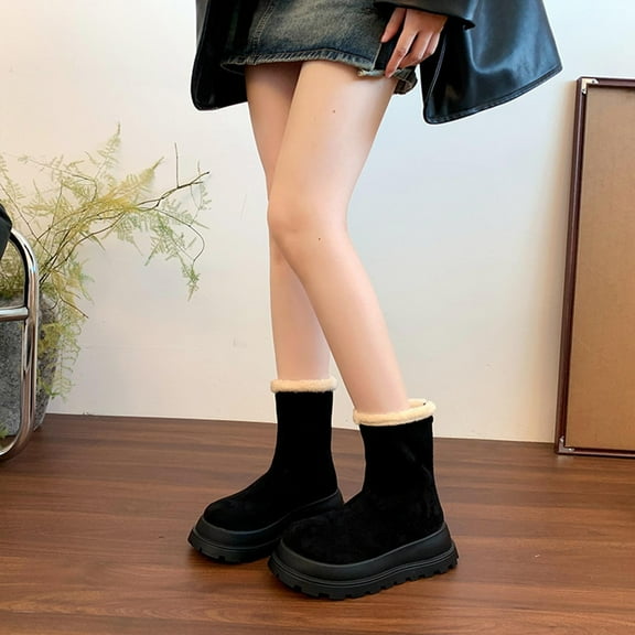 Heisall Womens Boots Winter Fleece-Lined Warm Short Snow Boots Solid Round Toe Back Zipper Thick Flat Sole Ankle Casual Fashion