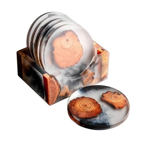 Set of 6 Wood Coasters with Holder, Resin Epoxy Coaster for Drinks, Cool Coaster Art for Home Office Coffee Bar Table Protection Decor (6 Square Set with Holder)