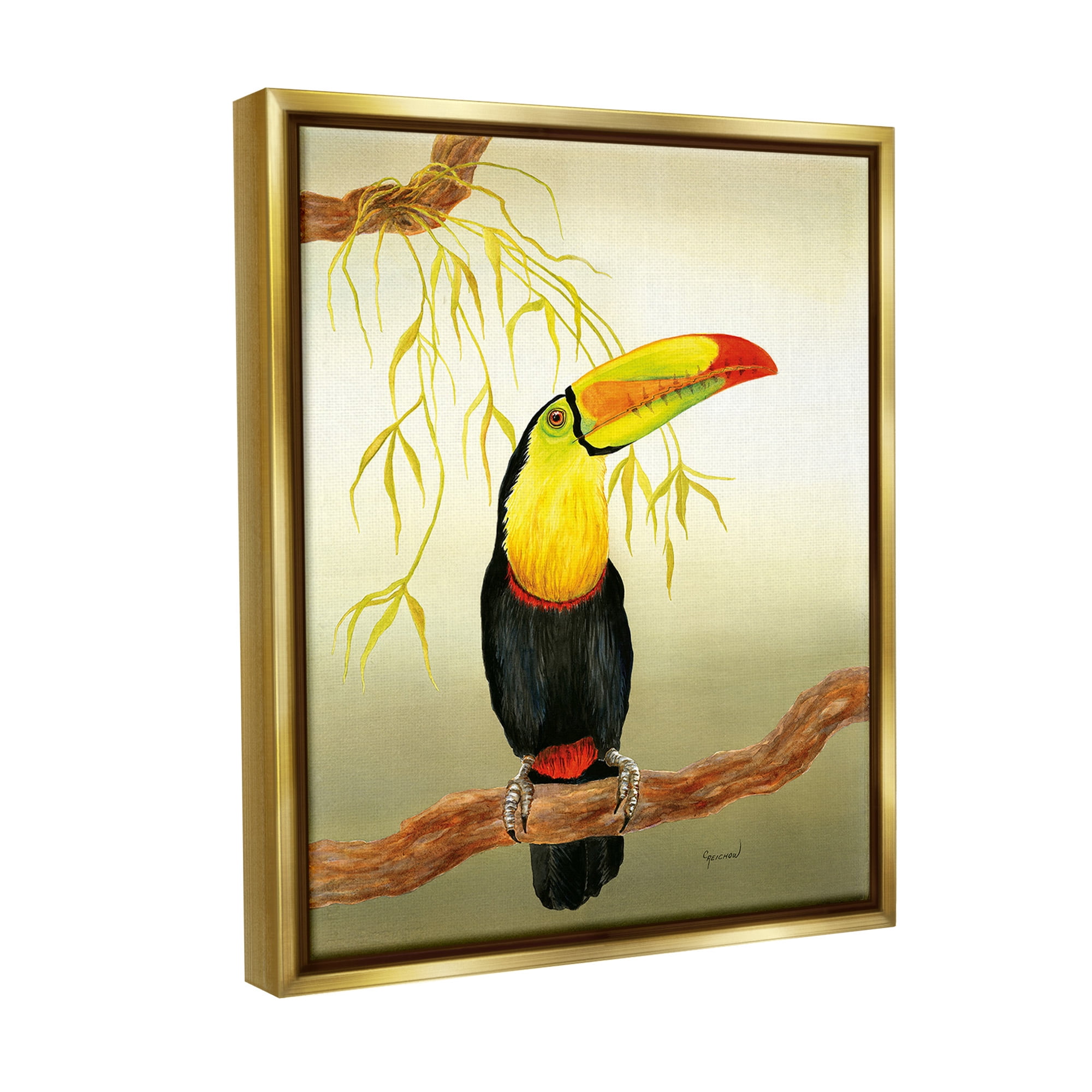 Stupell Industries Toucan on Forest Branch Animals & Insects Painting Gold Floater Framed Canvas Art Print Wall Art, 17 x 21