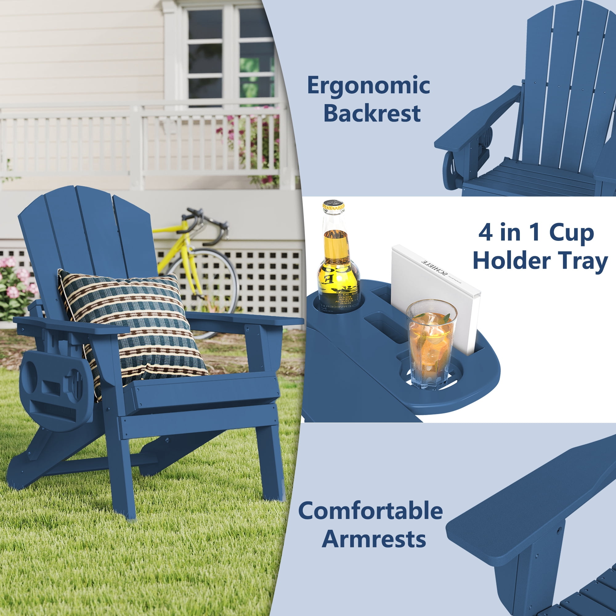 FOOWIN Folding HDPE Adirondack Chairs Set of 4, Blue