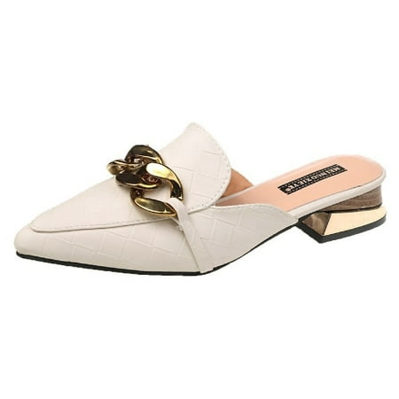 

Metal Chain Decor Flat Mules for Women Closed Pointed Toe Slip on Loafers Slides Backless Mules Shoes