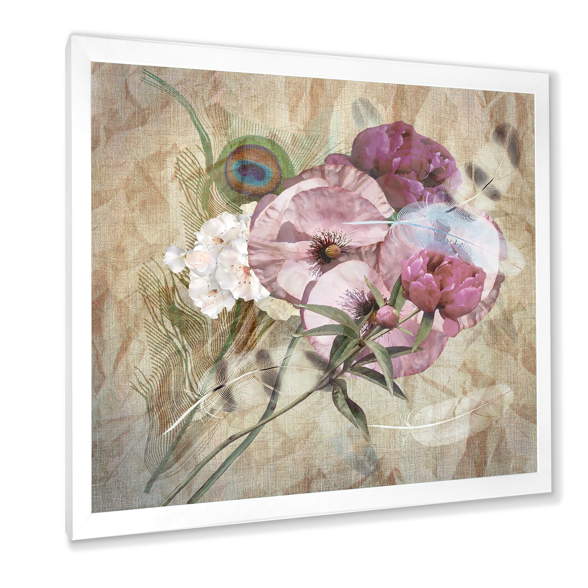 Designart 'Iris Bouquet Floral Design With Peacock Feather' Traditional Framed Art Print
