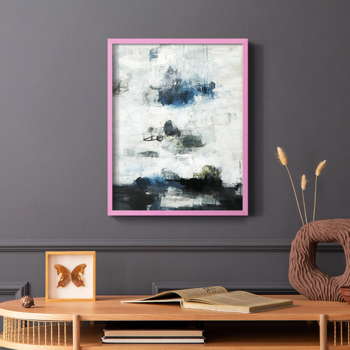 Black & Blue Framed Print in Pink Solid Wood Framed Print No Nail Hanging