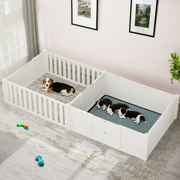 Dextrus Whelping Box for Dogs，Spacious Wooden Dog Pen with Waterproof Floor Mat, Double Rooms for Large, Medium and Small Dogs Puppies,78"L x 39.4"W x 17.7"H,White