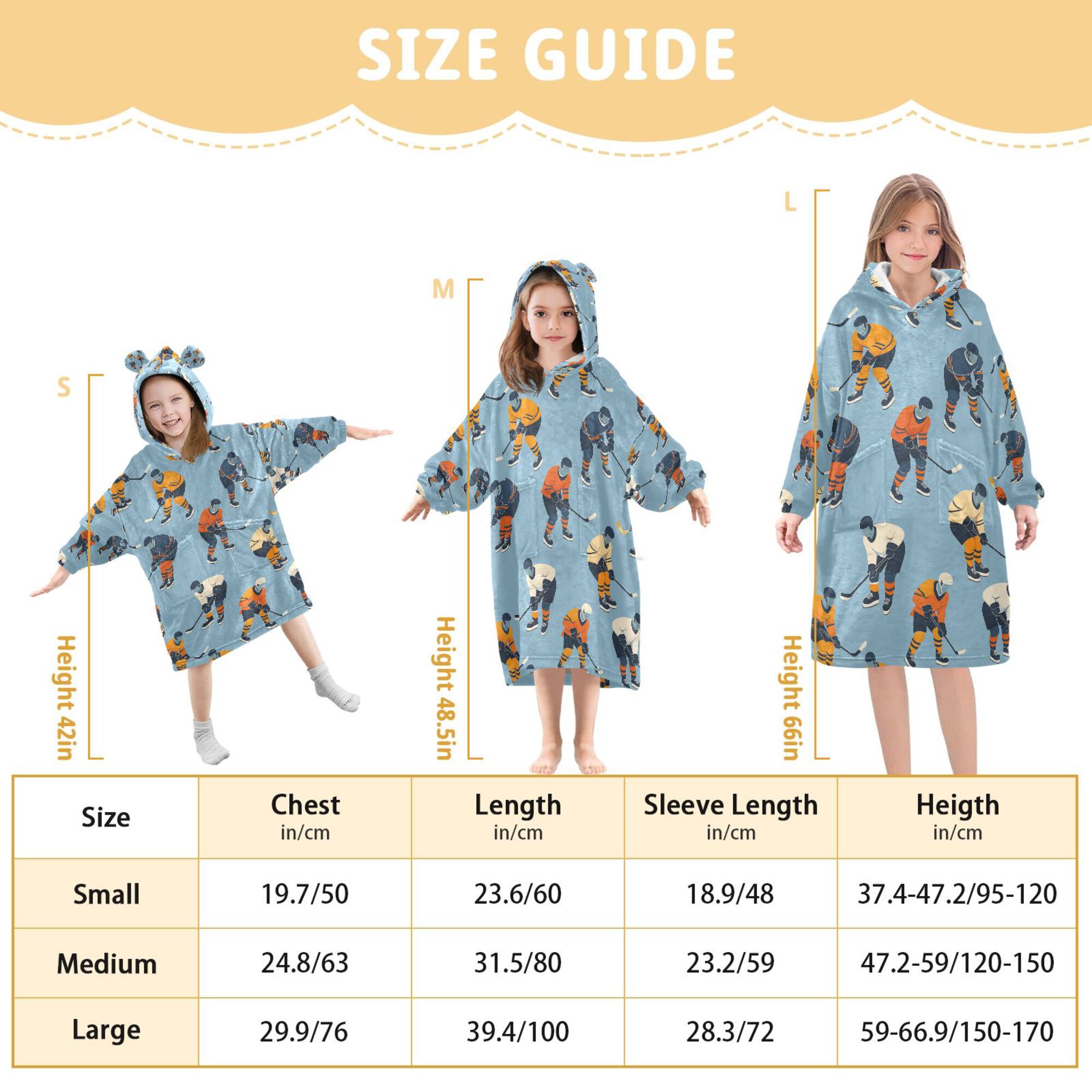 FORMRS Wearable Blanket Hoodie with Sleeves for Kids Cozy Flannel Sweatshirt, Blue Hockey Pattern