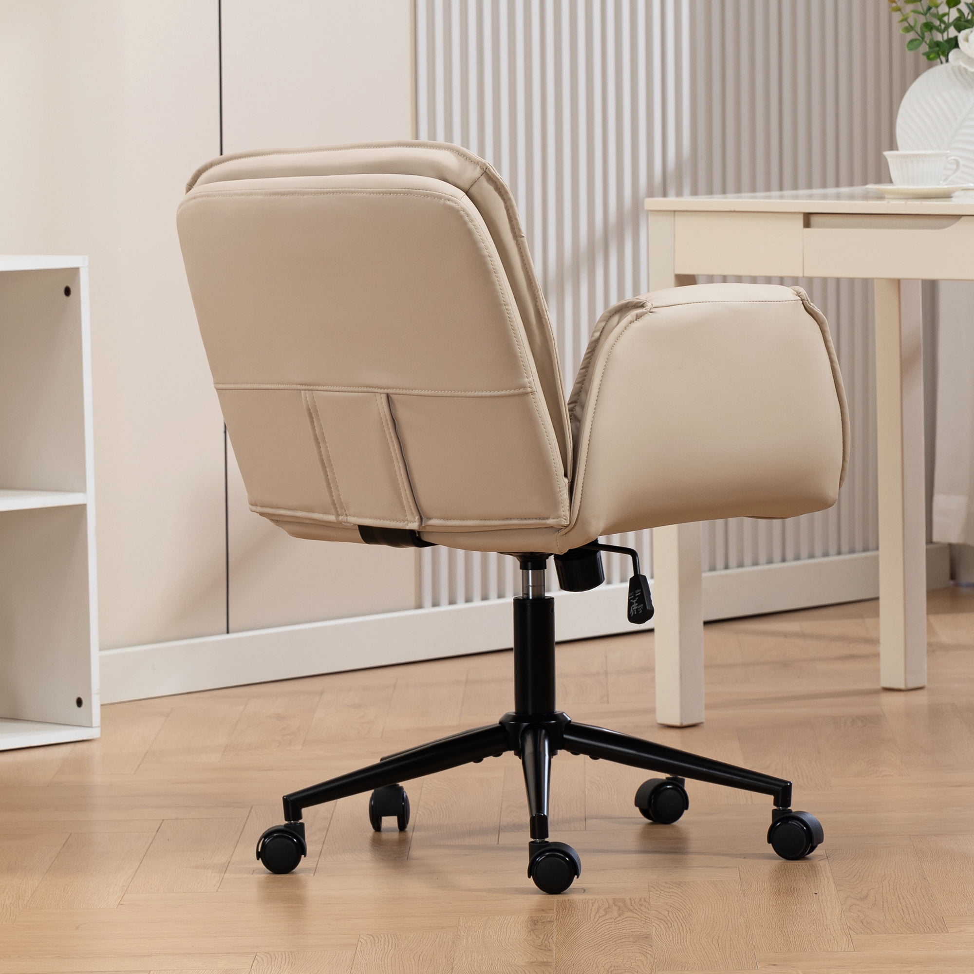 Jopath Criss Cross Chair with 5-Gear Adjustable Armrests and Wheels, Ergonomic Thickened Backrest Swivel Desk Chair for Home Office Vanity Bedroom and Living Room Beige PU