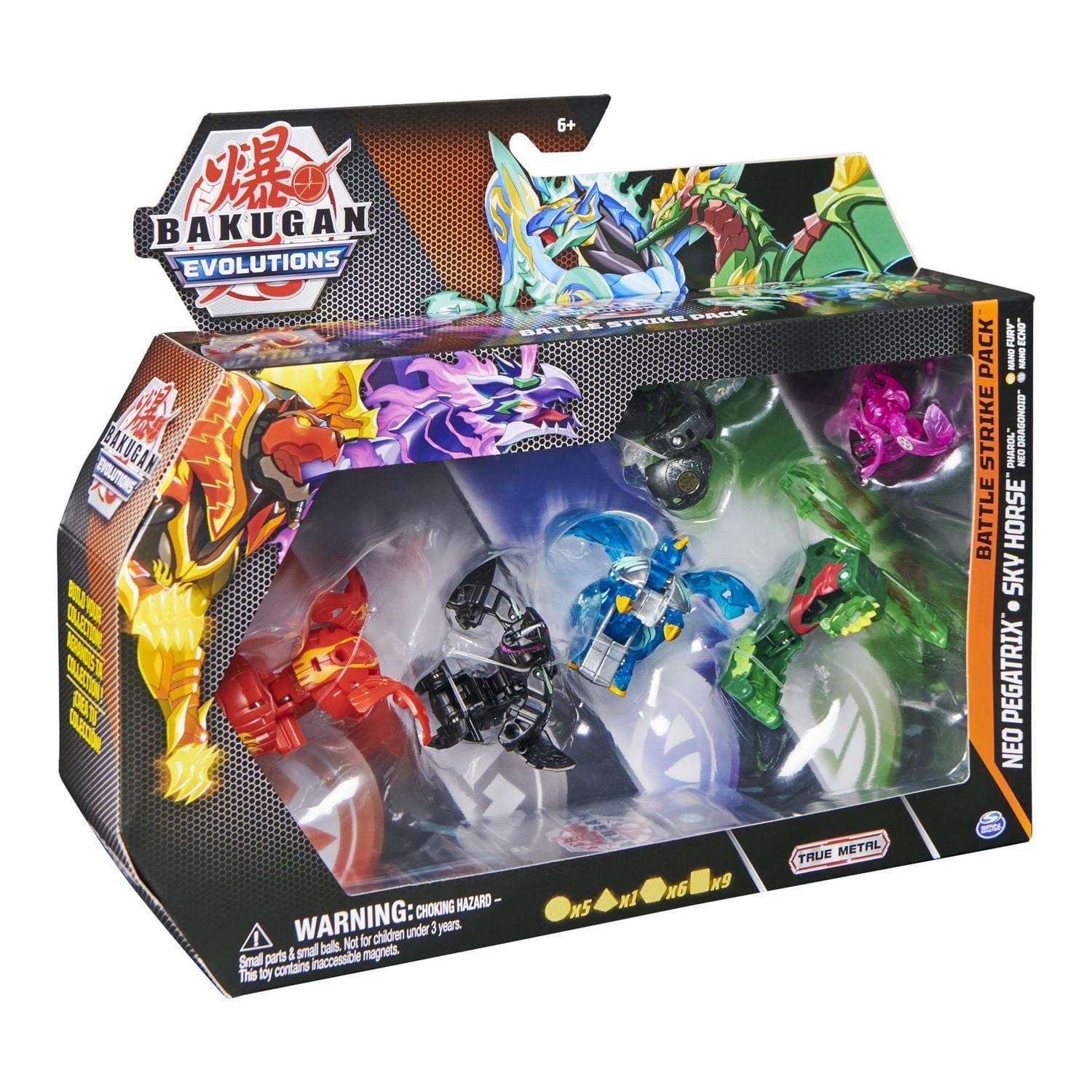 Bakugan Evolutions, Battle Strike Pack Neo Pegatrix et Sky Horse, 6 figurines articulées Bakugan, 9 cartes à collectionner et 8 BakuCores, jouets pour garçons à partir de 6 ans