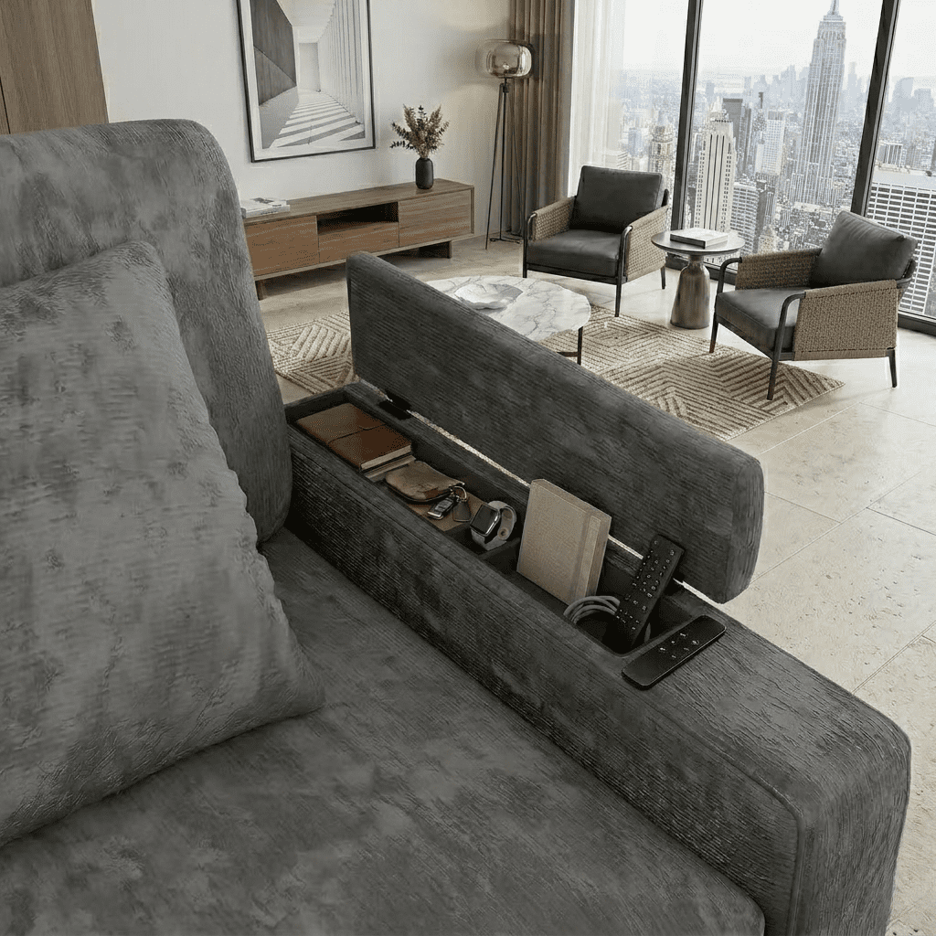 EPOWP 108" Sectional Sleeper Sofa, 7-Seater L-Shaped Modular Couch with Pull-Out Sofa Bed, Adjustable Backrest, Side Table & Charging Ports, Chenille Sectional Sofa for Living Room, Grey