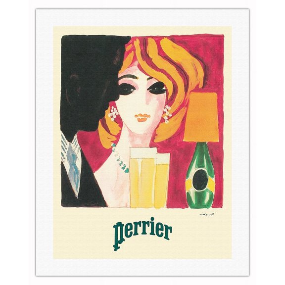 Perrier Sparkling Mineral Water - Vintage French Advertising Poster by Bernard Villemot - Fine Art Rolled Canvas Print (Unframed) 20in x 26in