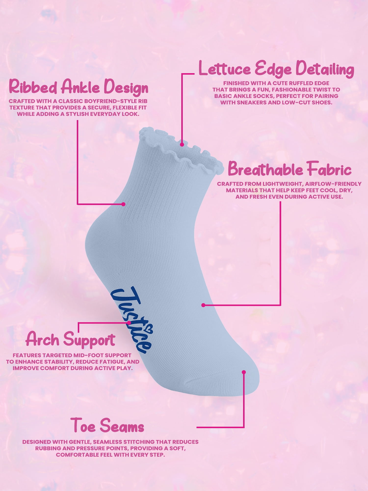 Justice Boyfriend Rib Ankle Socks for Girls with Lettuce Edge Anklet, 6 pk Multi Color