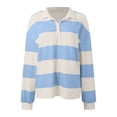 thumbnail image 4 of Women Striped Color Block Polo Sweatshirt Lapel Collared Long Sleeve Oversized Shirt Trendy Spring Clothes (Blue XL), 4 of 5