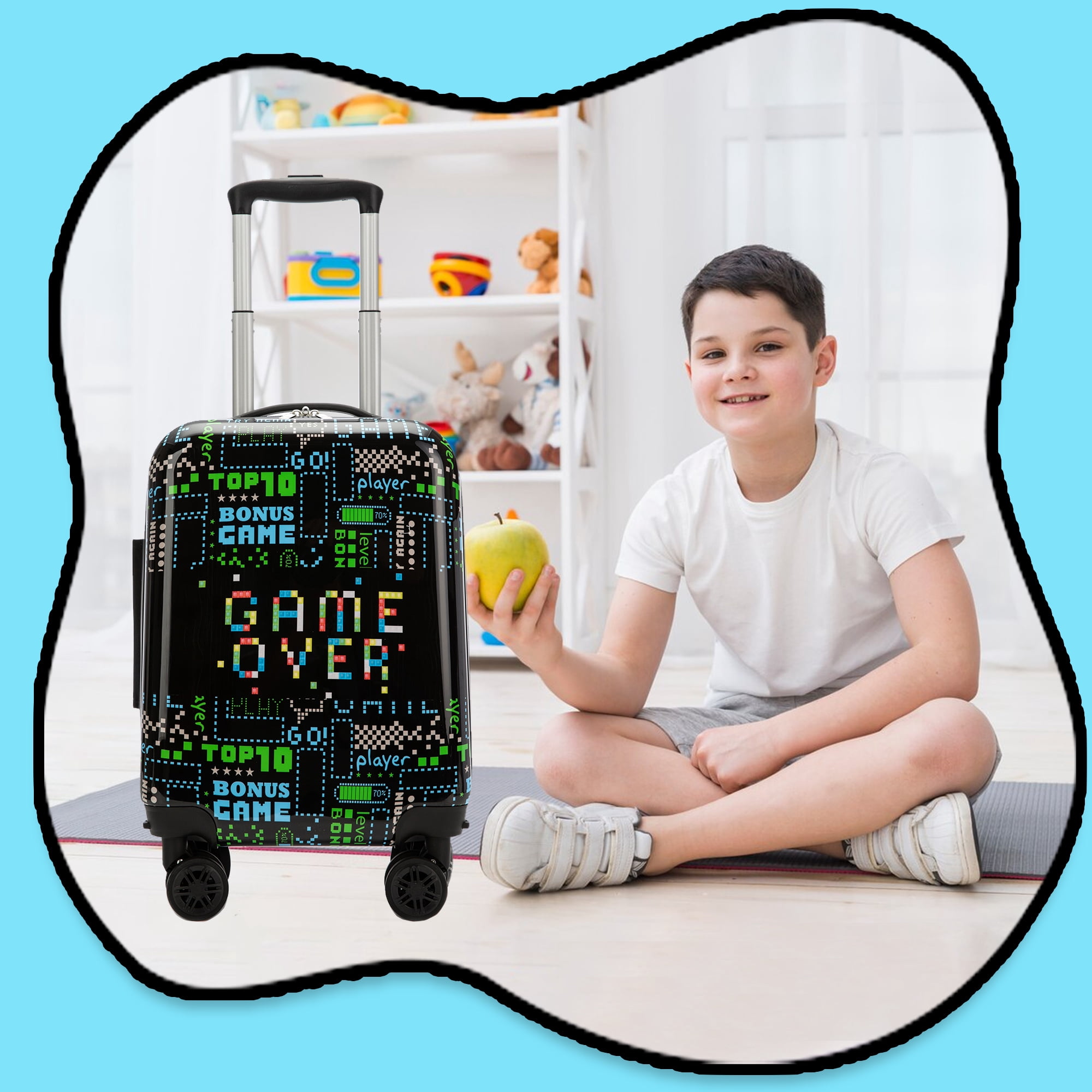 Kids Carry on Luggage Sets 2 Piece with Neck Pillow Airplane Suitcases for Boys with Wheels Hardshell Airline Approved 16 Inch
