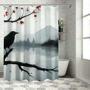 Patifu Black Bird Branch Lake Shower Curtain with Hooks 100% Polyester 36"x72
