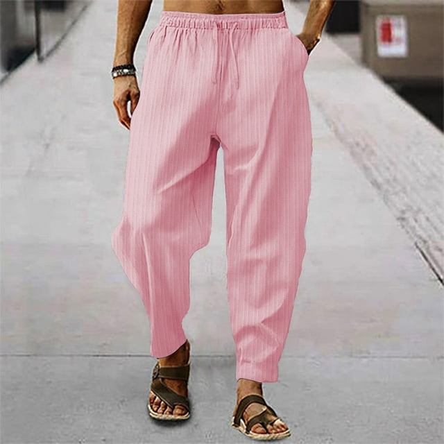 Pants Man White Linnen Solid Stripes Straight Casual Trousers Solid Color Drawstring Loose Dry Gym Sports Sweatpants
