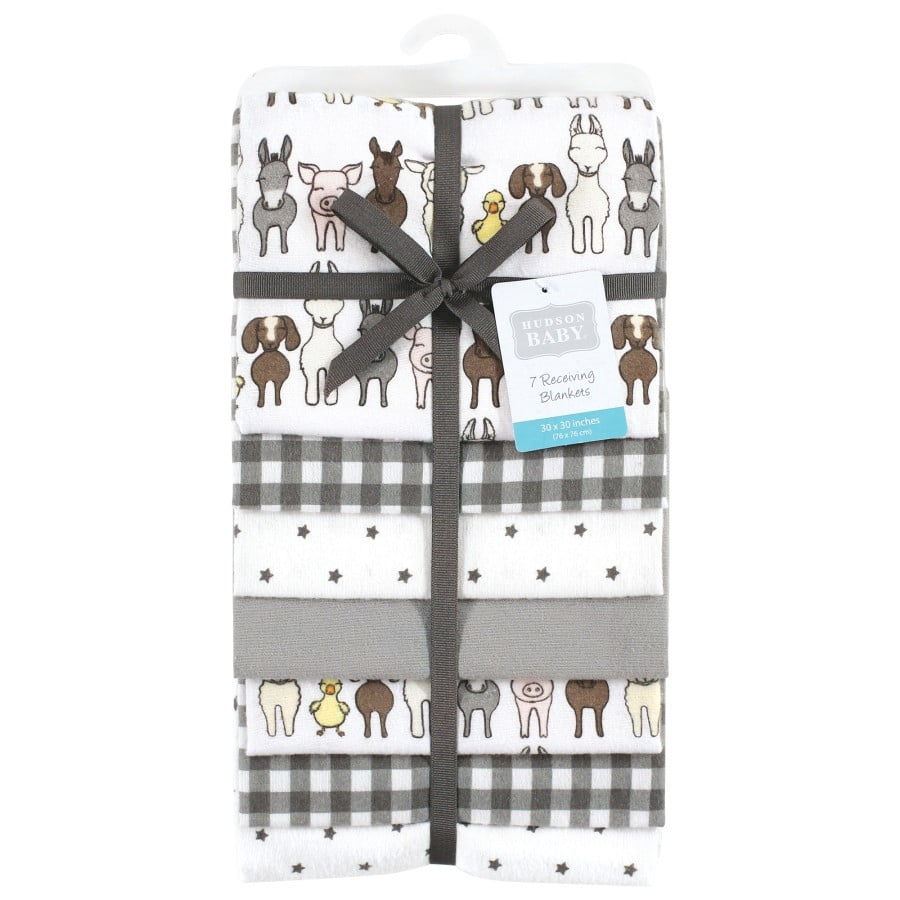 Hudson Baby Unisex Baby Cotton Poly Flannel Receiving Blankets Bundle, Farm Friends Grey, One Size