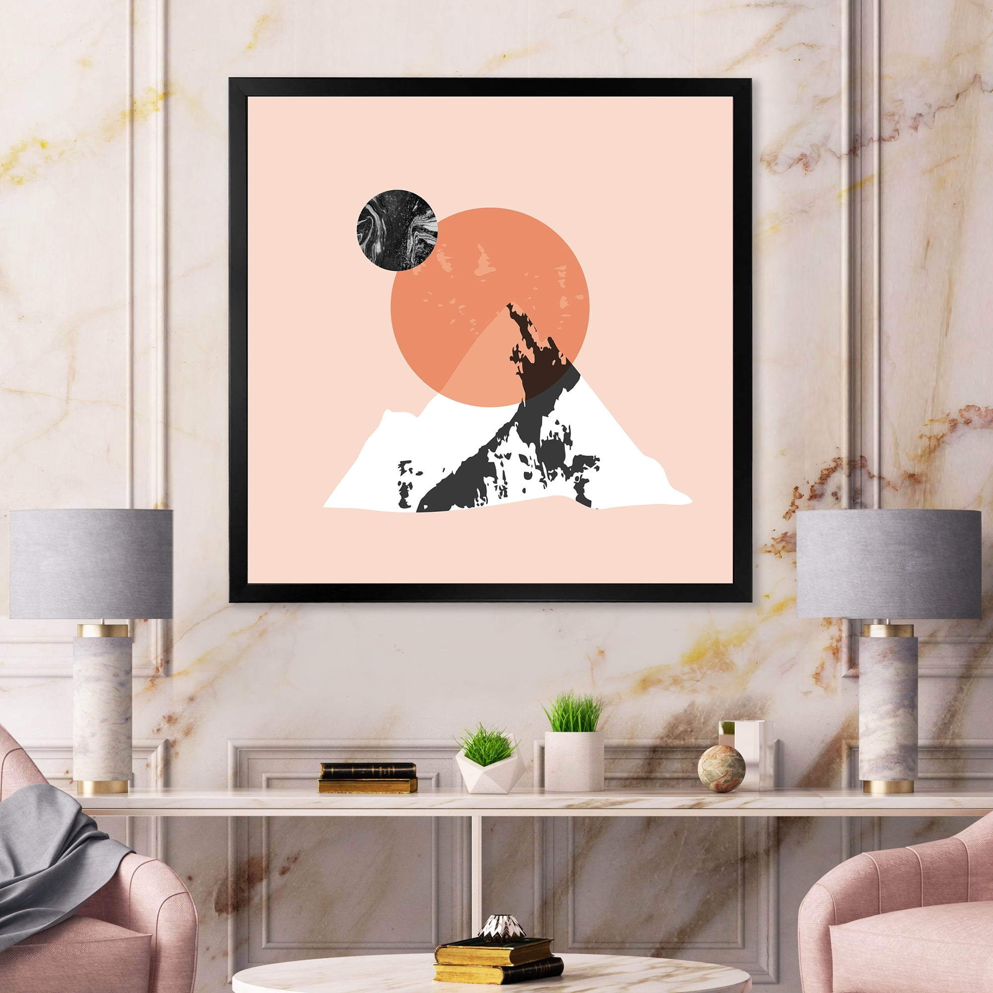 Designart 'Modern Minimalist Mountain Moon and Sun' Modern Framed Art Print